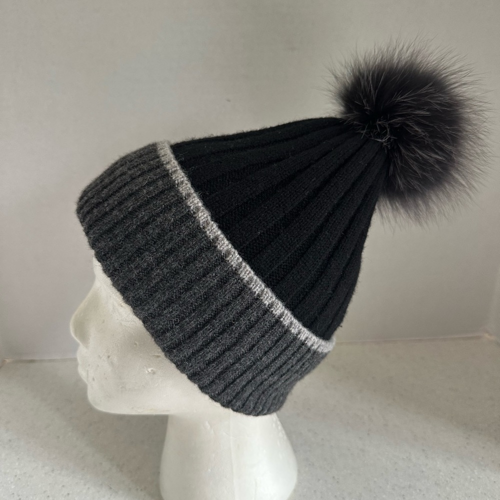 MITCHIE’s Black & Gray Pom-Pom 100% Wool & Fur Winter Beanie Hat.
